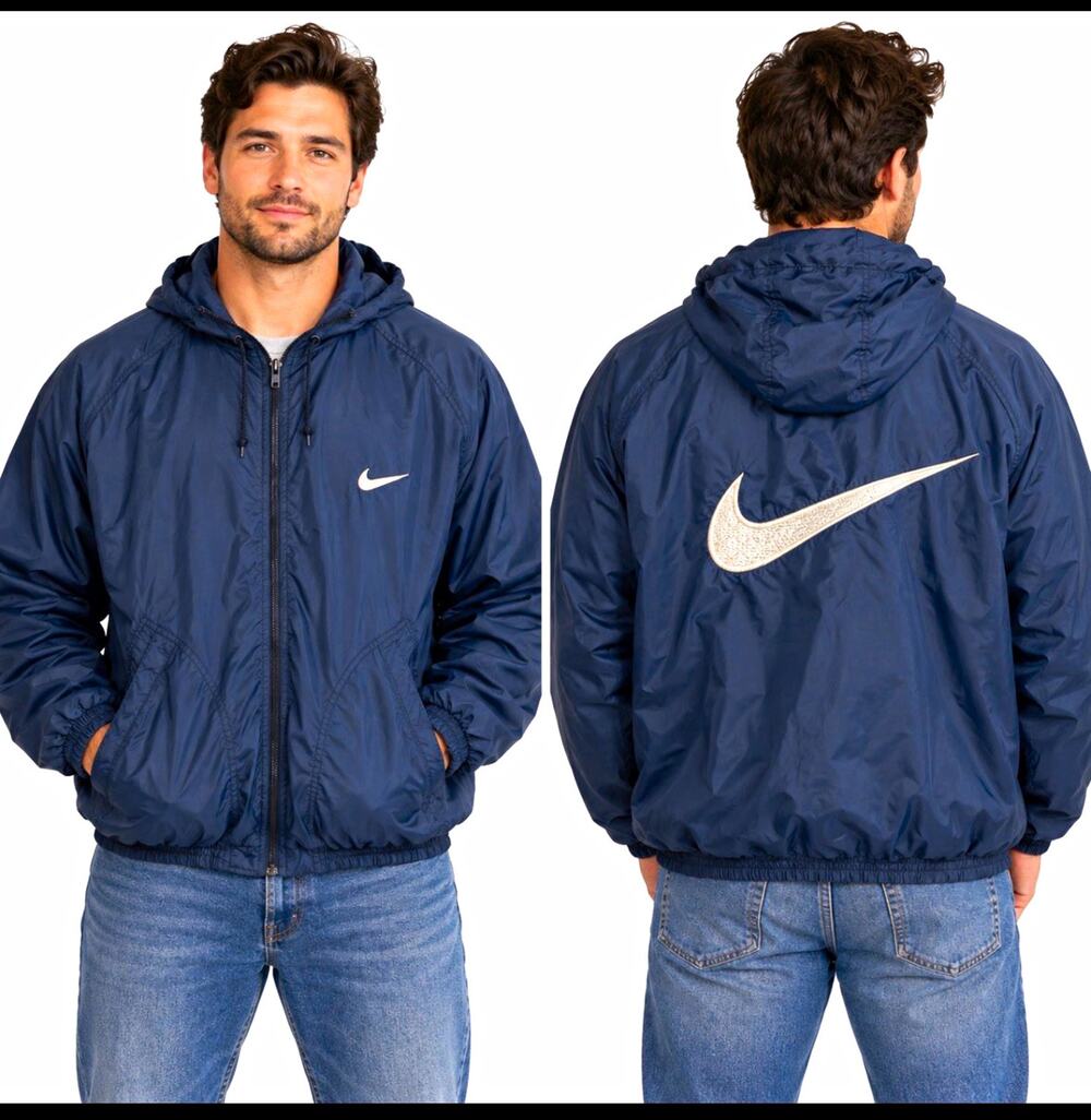 Vintage 90s Nike Big Swoosh Windbreaker XL Navy Hooded Made USA Nylon